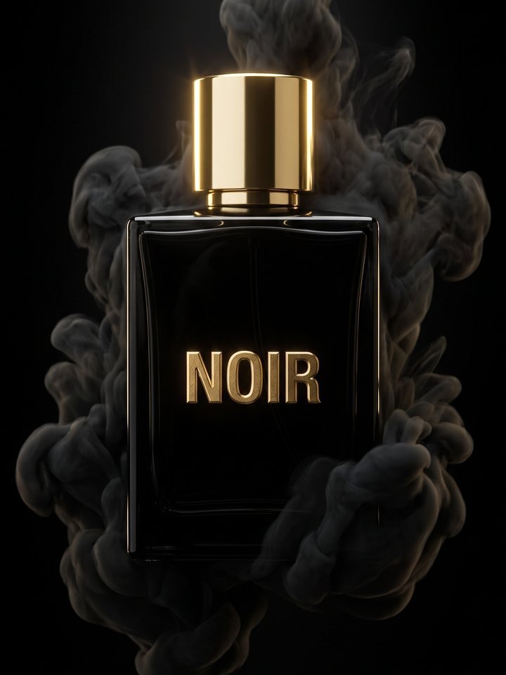 Frasco de perfume preto e dourado com fumaça, foto de produto criada com IA
